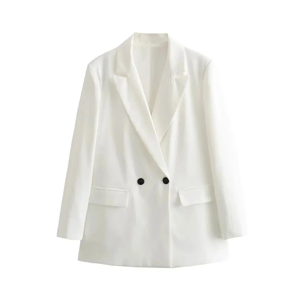 TRZA Women Fashion Double Breasted Loose Fitting Blazer Coat Vintage Long Sleeve Pockets Female Outerwear Chic Veste Femme