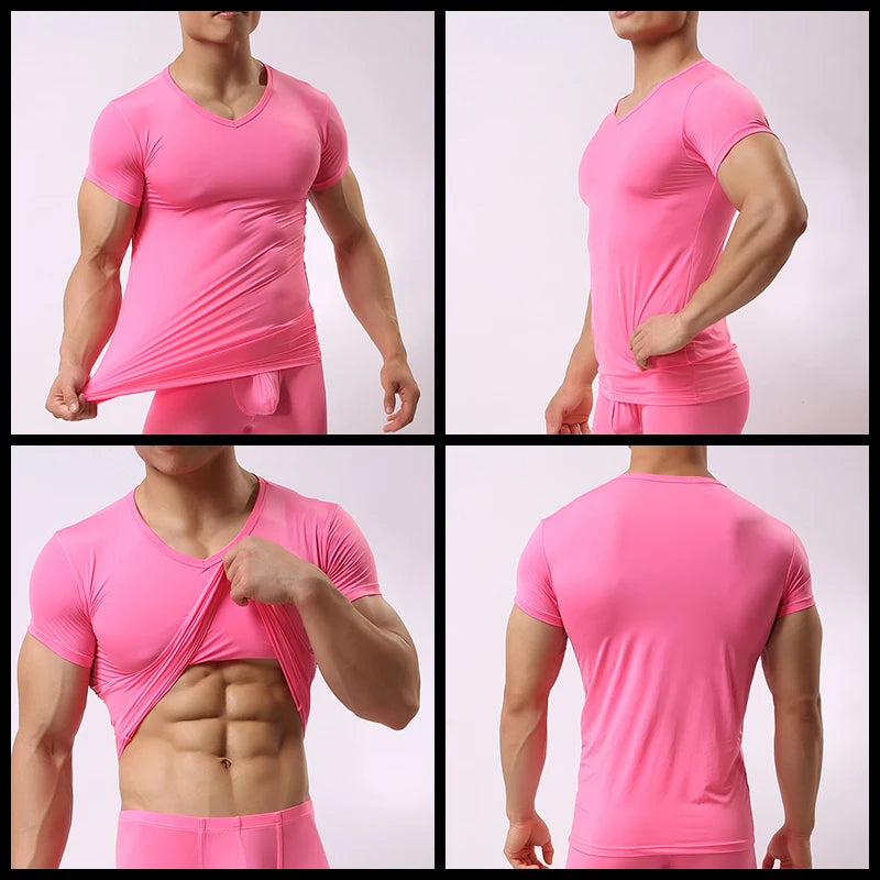 Men's Sheer Undershirts Man Ice Silk Mesh See through Basics Shirts Sexy Fitness Bodybuilding Underwear