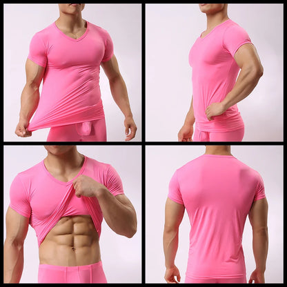 Men's Sheer Undershirts Man Ice Silk Mesh See through Basics Shirts Sexy Fitness Bodybuilding Underwear