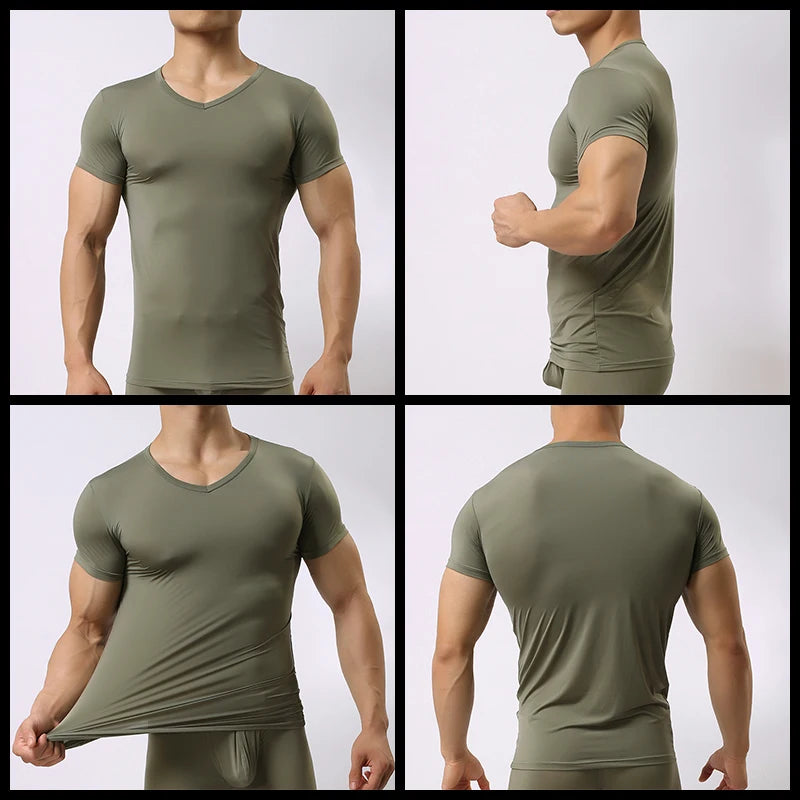 Men's Sheer Undershirts Man Ice Silk Mesh See through Basics Shirts Sexy Fitness Bodybuilding Underwear