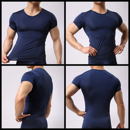 Men's Sheer Undershirts Man Ice Silk Mesh See through Basics Shirts Sexy Fitness Bodybuilding Underwear