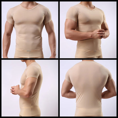 Men's Sheer Undershirts Man Ice Silk Mesh See through Basics Shirts Sexy Fitness Bodybuilding Underwear