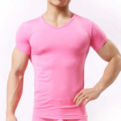 Men's Sheer Undershirts Man Ice Silk Mesh See through Basics Shirts Sexy Fitness Bodybuilding Underwear