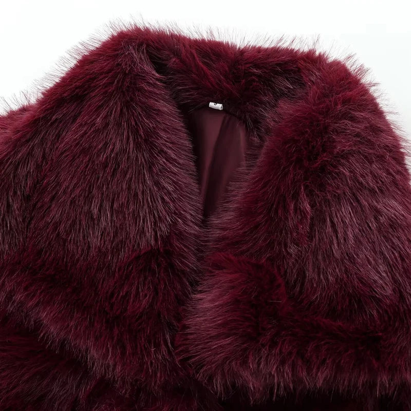 HXAO Women's Fur Coat Women 2024 Plush Burgundy Bomber Jacket Solid Crop Long Sleeve Jacket Warm Winter Coats Woman Casual Coats