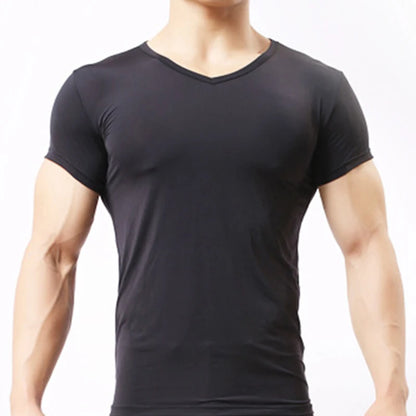 Men's Sheer Undershirts Man Ice Silk Mesh See through Basics Shirts Sexy Fitness Bodybuilding Underwear