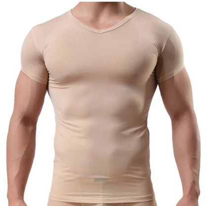 Men's Sheer Undershirts Man Ice Silk Mesh See through Basics Shirts Sexy Fitness Bodybuilding Underwear