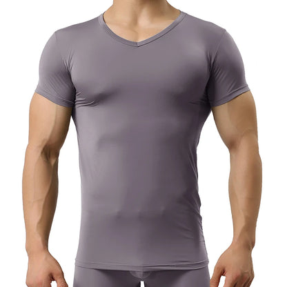 Men's Sheer Undershirts Man Ice Silk Mesh See through Basics Shirts Sexy Fitness Bodybuilding Underwear