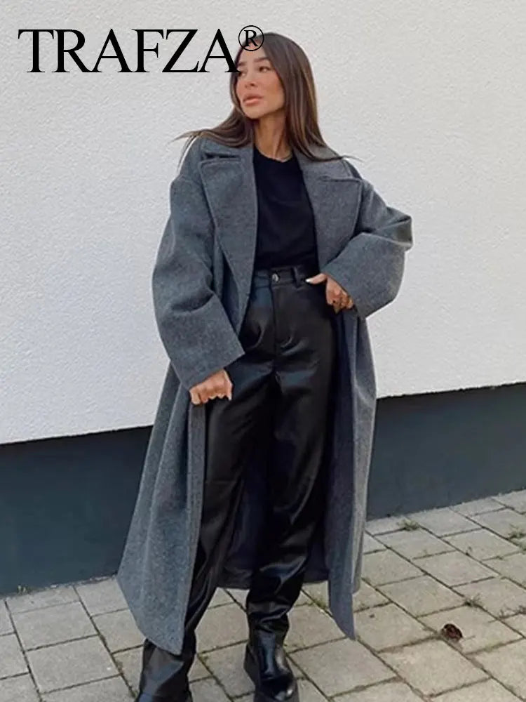 TRAFZA Winter Coat For Women 2024 Solid Lapel Double Breasted Long Cardigan Top Female Pokcet Streetwear Woman New In OuterCoat