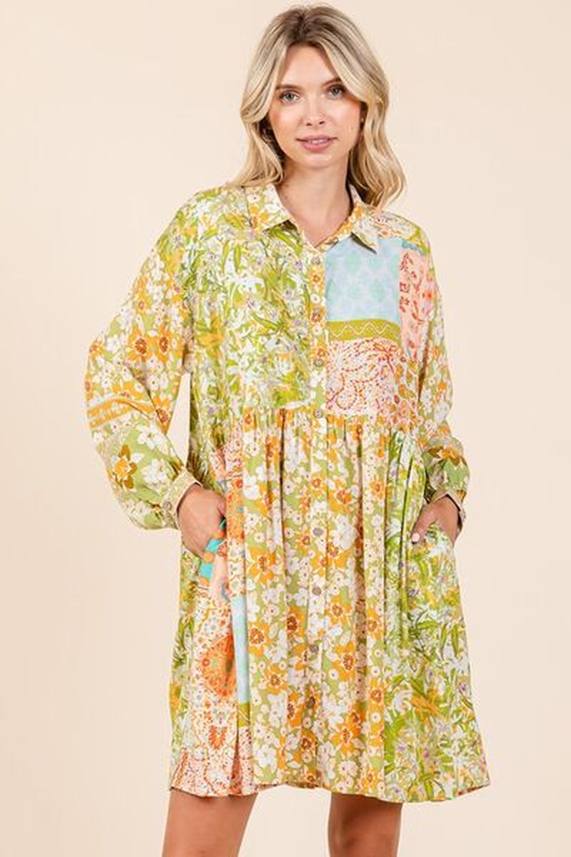 Mittoshop Floral Button Detail Long Sleeve Shirt Dress